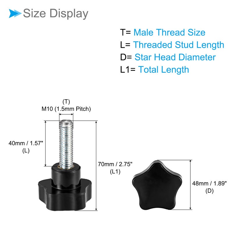 مقابض تثبيت نجمة CoCud، M10 × 40 مم رأس ذكر 48 مم، مقابض يدوية برغي إبهام بلاستيكي، مسمار ملولب أسود - (التطبيقات: لآلات المخرطة)، قطعتان - Image 2